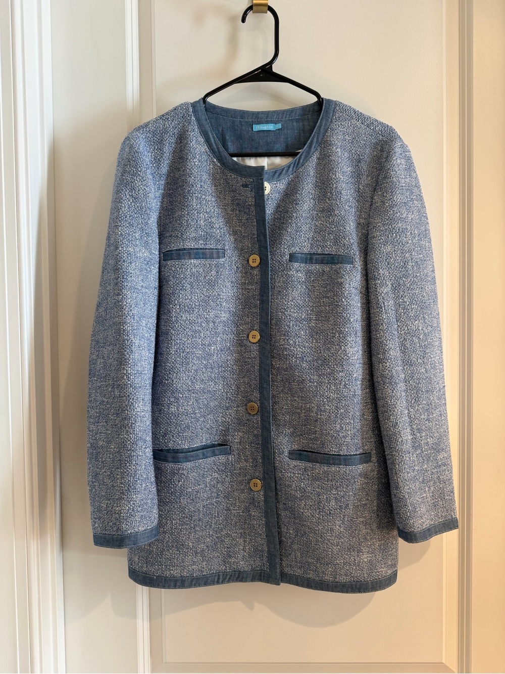 J. McLaughlin Light Blue Tweed Collarless Jacket